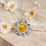Blooming Sunflower Necklace in Silver and Yellow Amber