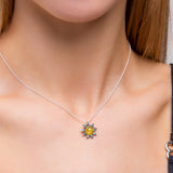 Small Sunflower Necklace in Silver and Yellow Amber