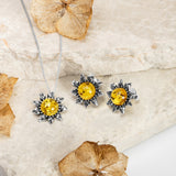 Sunflower Stud Earrings in Silver and Yellow Amber