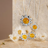 Miniature Sunflower Necklace in Silver and Yellow Amber