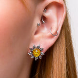 Sunflower Stud Earrings in Silver and Yellow Amber