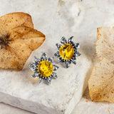 Sunflower Stud Earrings in Silver and Yellow Amber