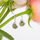 Classic Teardrop Hook Earrings in Silver and Green Amber