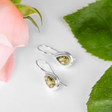Classic Teardrop Hook Earrings in Silver and Green Amber