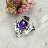 Scottish Thistle Pin Brooch in Silver and Amethyst