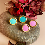 Round Stud Earrings in Blue Titanium & Sterling Silver 24ct Gold