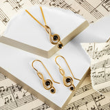Music Treble Clef Hook Earrings in Silver with 24ct Gold & Black Onyx