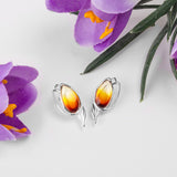 Sunset Tulip Flower Stud Earrings Silver and Amber