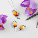 Sunset Tulip Flower Stud Earrings Silver and Amber