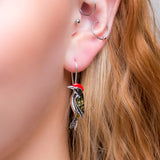 Green Woodpecker Bird Hook Earrings in Silver, Amber and Coral
