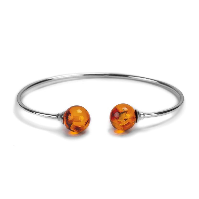 Double Ball Cuff Bangle in Silver with 24ct Gold & Amber