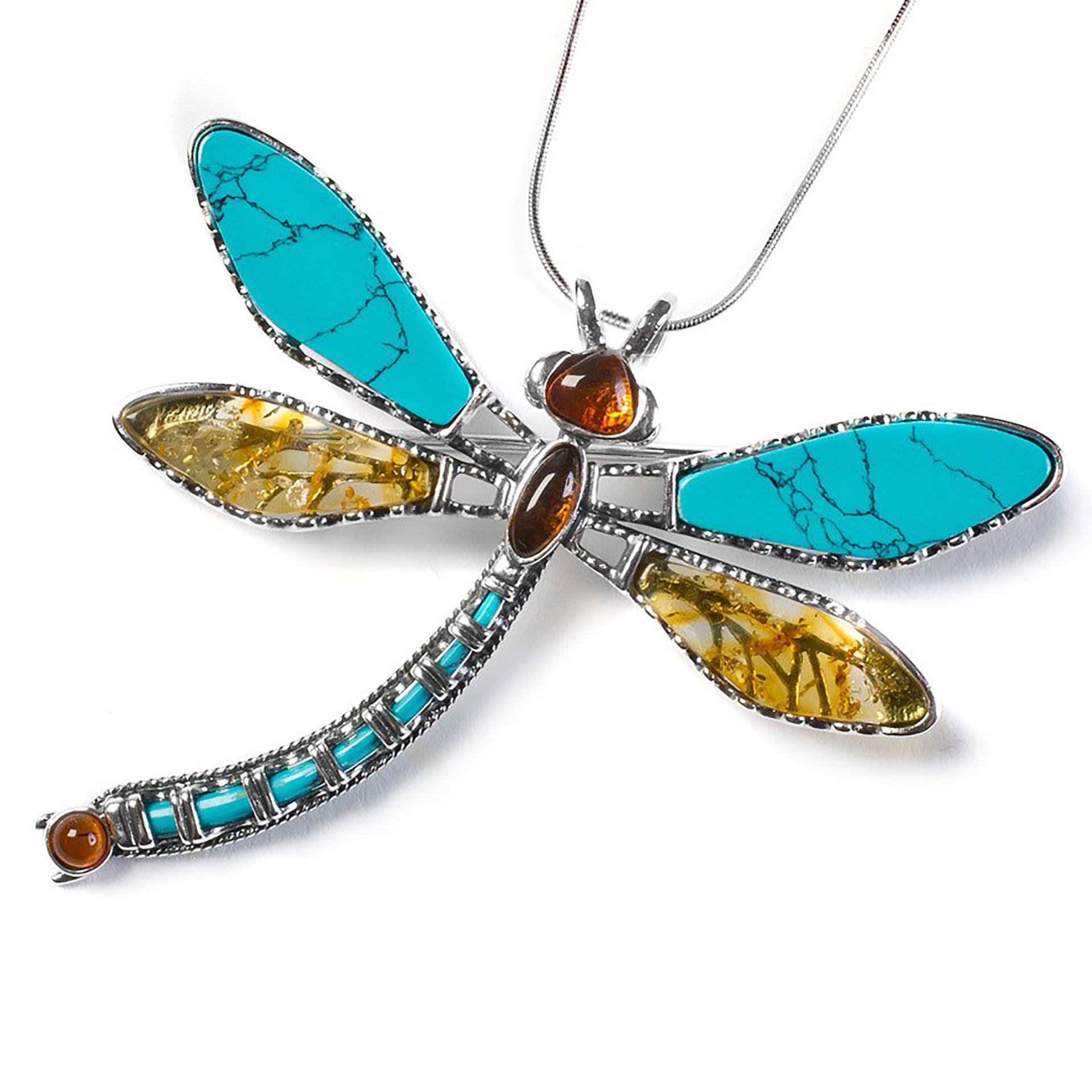 Exotic Dragonfly Necklace Silver Amber