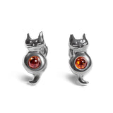 Sitting Cat Stud Earrings in Silver and Amber