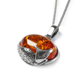 Sleeping Fox Necklace in Silver with 24ct Gold & Cognac Amber