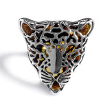 Large Magnificent Leopard Head Adjustable Ring in Silver and Amber