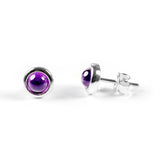 Small Round Stud Earrings in Silver and Amethyst