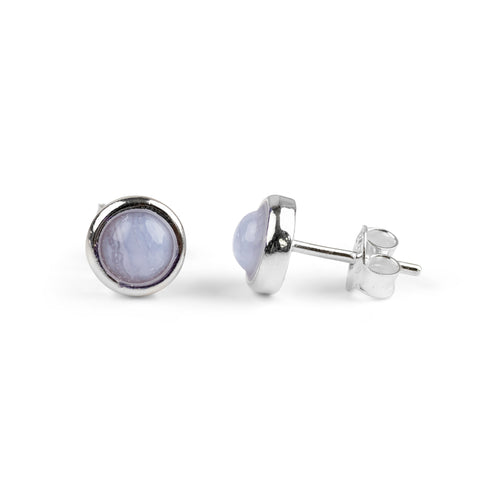 Small Round Stud Earrings in Silver and Blue Lace Agate