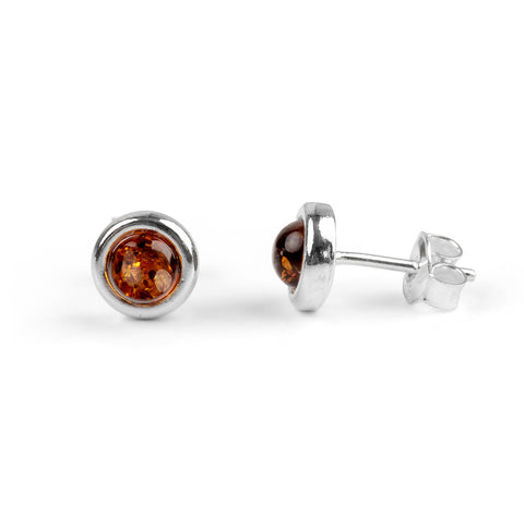 Small Round Stud Earrings in Silver and Cognac Amber