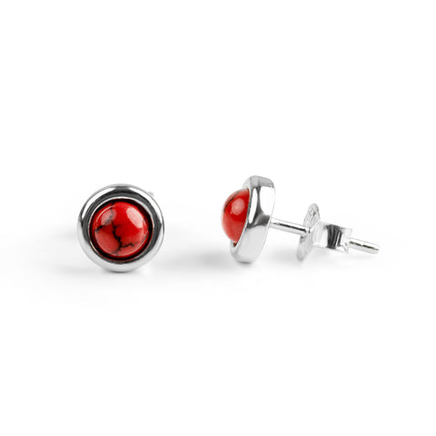 Small Round Stud Earrings in Silver and Coral