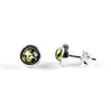 Small Round Stud Earrings in Silver and Green Amber