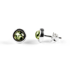 Small Round Stud Earrings in Silver and Green Amber