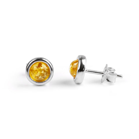 Small Round Stud Earrings in Silver and Yellow Amber
