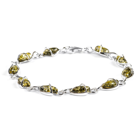 Elegant Twist Bracelet in Silver and Green Amber