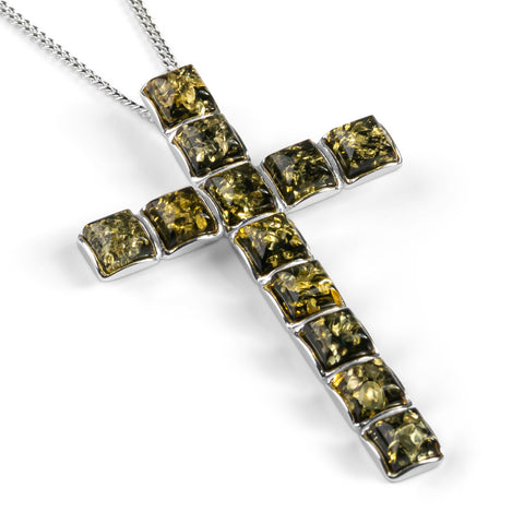 Statement Cross Necklace in Silver and Green Amber