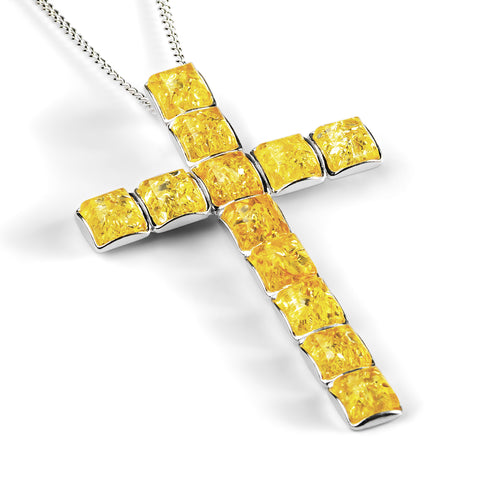 Statement Cross Necklace in Silver and Yellow Amber