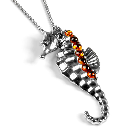 Large Seahorse Necklace in Silver and Cognac Amber