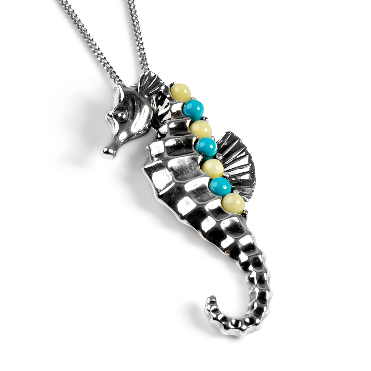 Large Seahorse Necklace Silver Amber