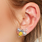 Bumblebee / Bumble Bee Stud Earrings in Silver and Yellow Amber