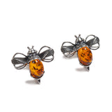 Bumblebee / Bumble Bee Stud Earrings in Silver and Yellow Amber
