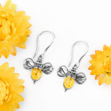 Bumble Bee / Bumblebee Drop Earrings in Silver and Yellow Amber