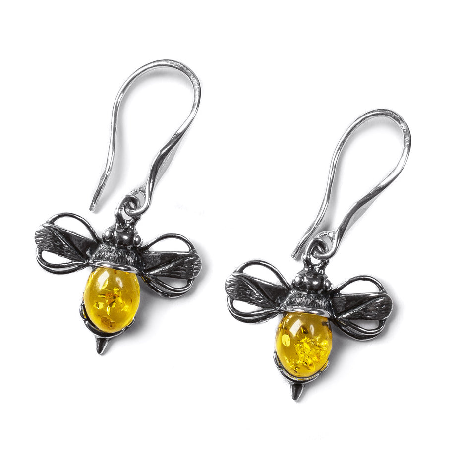 Bumblebee Drop Earrings in Silver and Cognac Amber