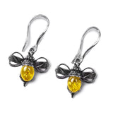 Bumble Bee / Bumblebee Drop Earrings in Silver and Yellow Amber