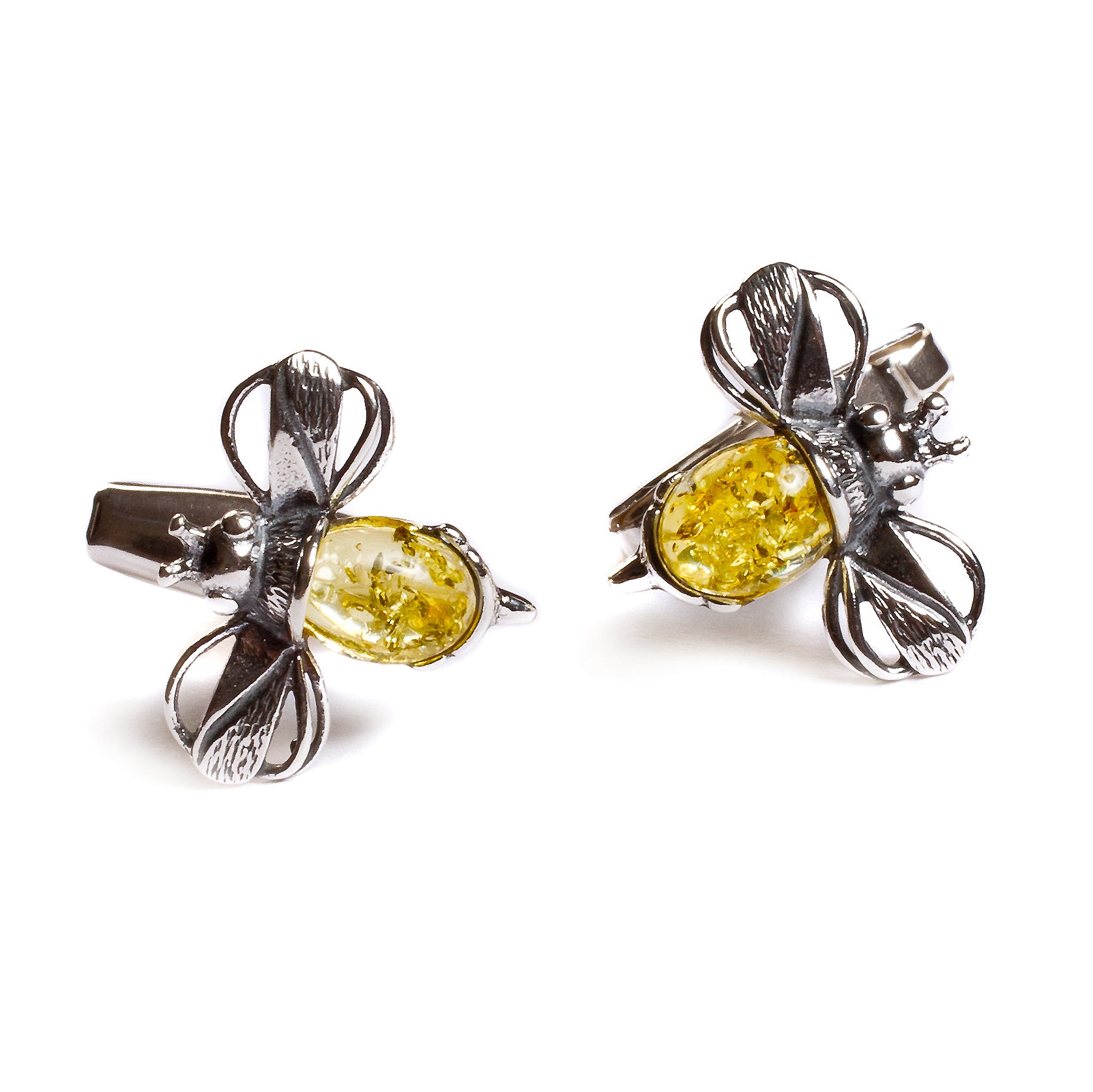 Bumble Bee / Bumblebee Cufflinks in Silver and Cognac Amber