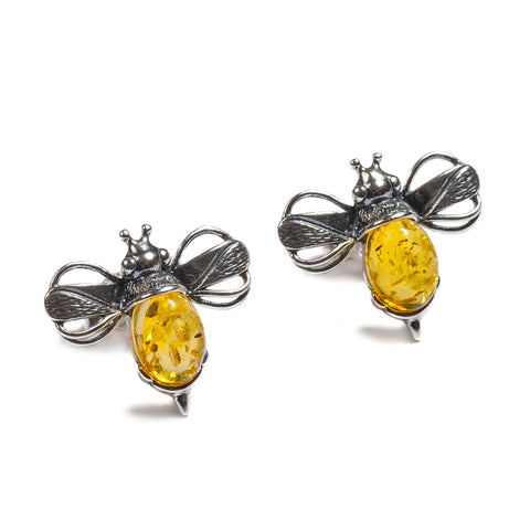 Bumblebee / Bumble Bee Stud Earrings in Silver and Yellow Amber