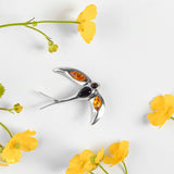 Swooping Swallow Brooch in Silver and Amber
