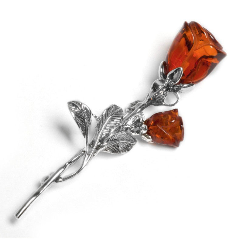 Romantic English Flower Brooch Silver Cognac Amber