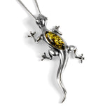 Large Lizard Gecko Necklace in Silver and Green Amber