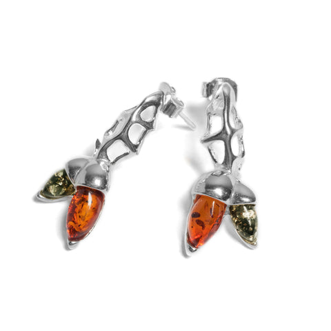 Double Acorn Drop Earrings in Silver and Amber