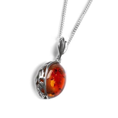 Cognac Amber Oval Necklace in Silver
