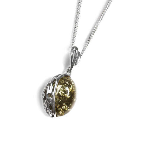 Green Amber Oval Necklace in Silver