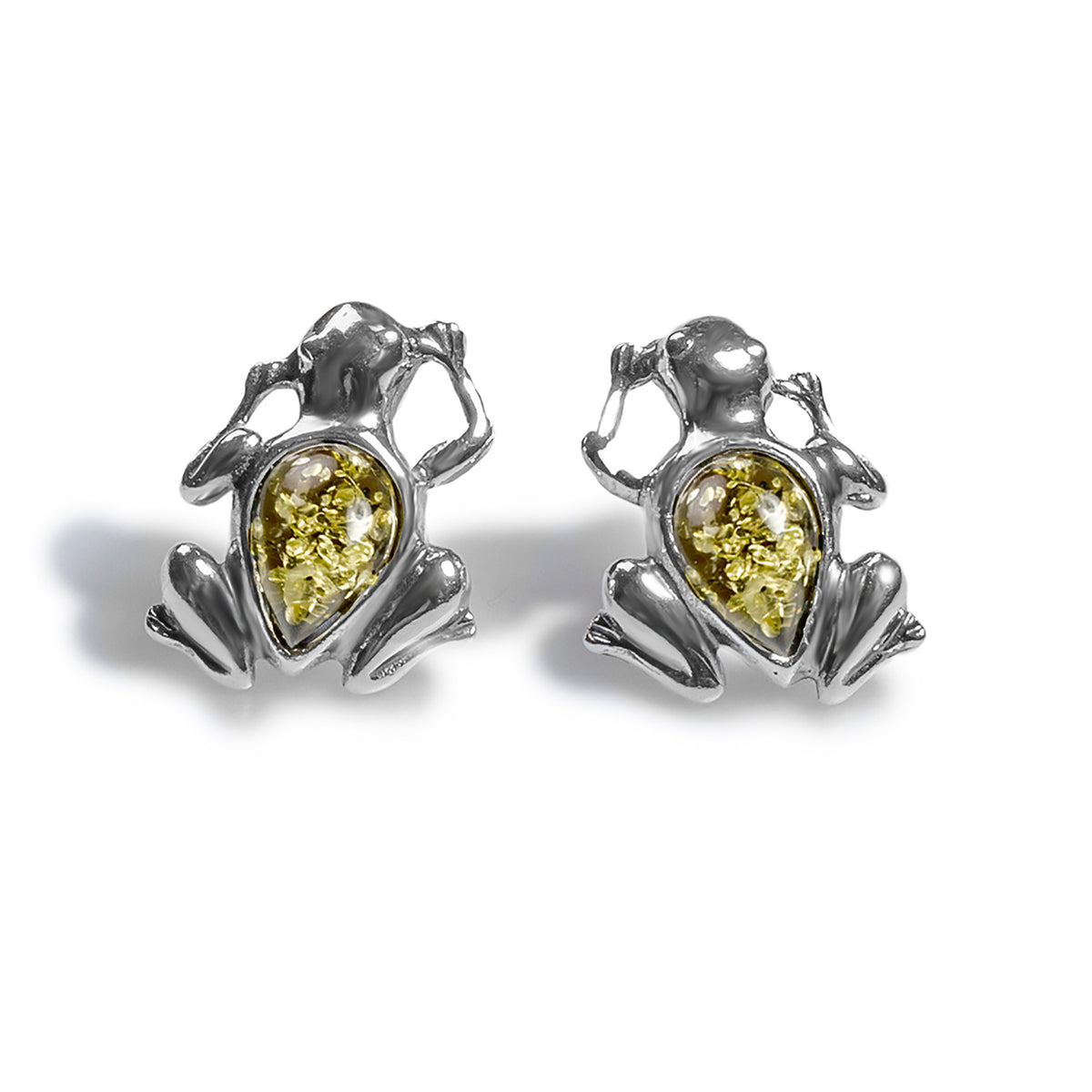 Frog Stud Earrings Silver Amber