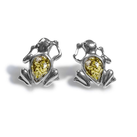 Frog Stud Earrings in Silver and Green Amber