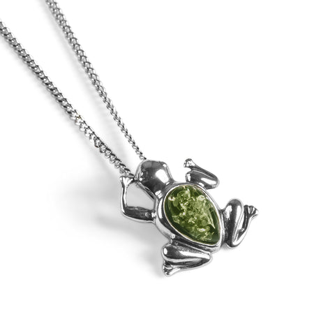 Miniature Frog Necklace in Silver and Green Amber