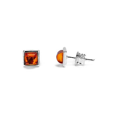 Square Stud Earrings in Silver and Cognac Amber