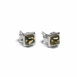 Square Stud Earrings in Silver and Green Amber