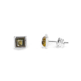 Square Stud Earrings in Silver and Green Amber